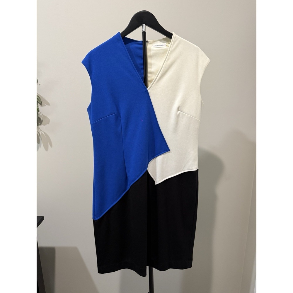 Calvin Klein Size 14 Colorblock Sheath‎ Dress Blue White Black Career Cocktail